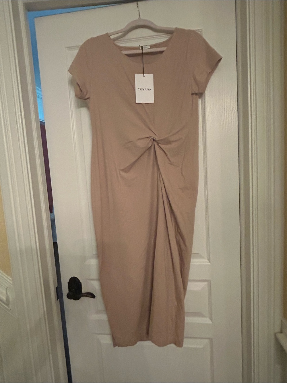Cuyana Neutral Taupe Twist-Knot Midi Dress